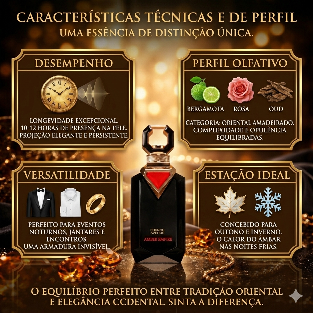 Frasco de perfume Amber Empire da Oud de Ouro, com design elegante e detalhes dourados, para fragrância sofisticada de estilo francês