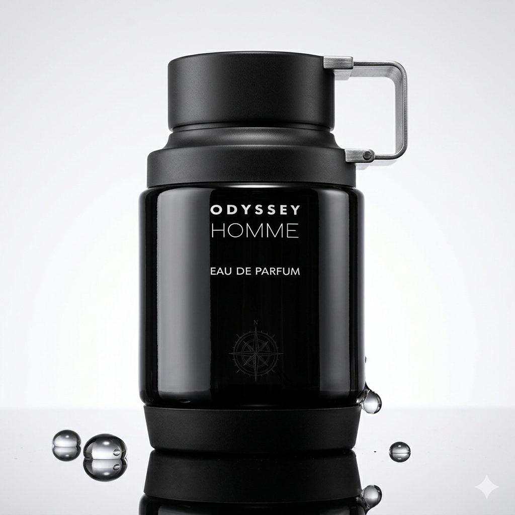 Frasco de Eau de Parfum Odyssey Homme da Armaf, com design elegante e detalhes em ouro, para homem sofisticado.