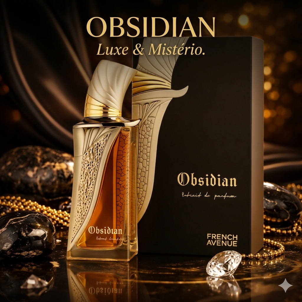 Frasco de perfume Obsidian da Luxos do Oriente, Extrait de Parfum, com design elegante e rótulo detalhado.