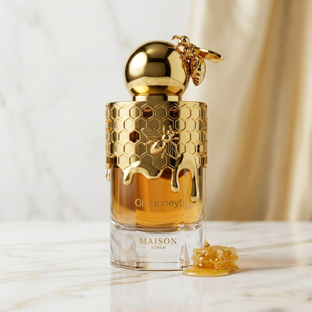 Frasco de perfume Oh Honey! Eau de Parfum da Maison Asrar, embalagem elegante e detalhes do frasco dourado.