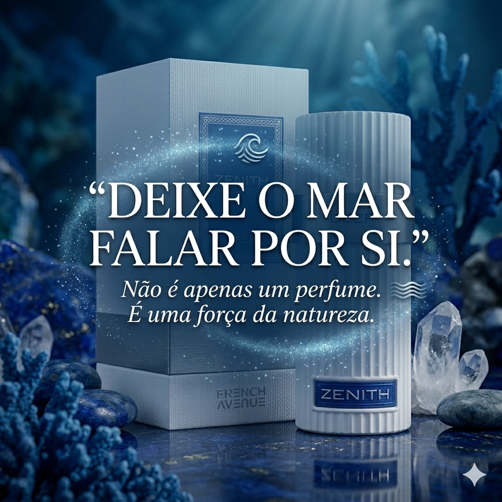 Frasco de perfume Zenith Deep Eau de Parfum da Luxos do Oriente com design elegante e detalhes em francês Avenue Original