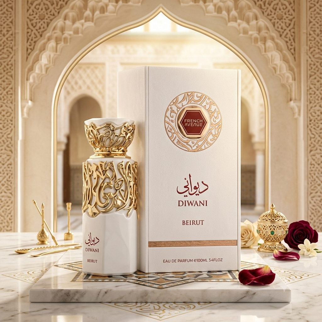 Frasco de perfume Diwani Beirut da Luxos do Oriente, Eau de Parfum, com design elegante e detalhes dourados.