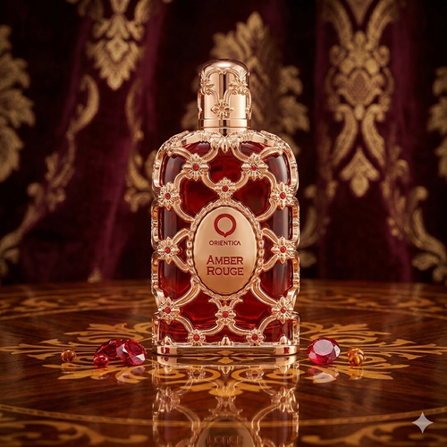Frasco de Eau de Parfum Amber Rouge da Orientica, embalagem luxuosa com detalhes dourados, refletindo elegância e sofisticação