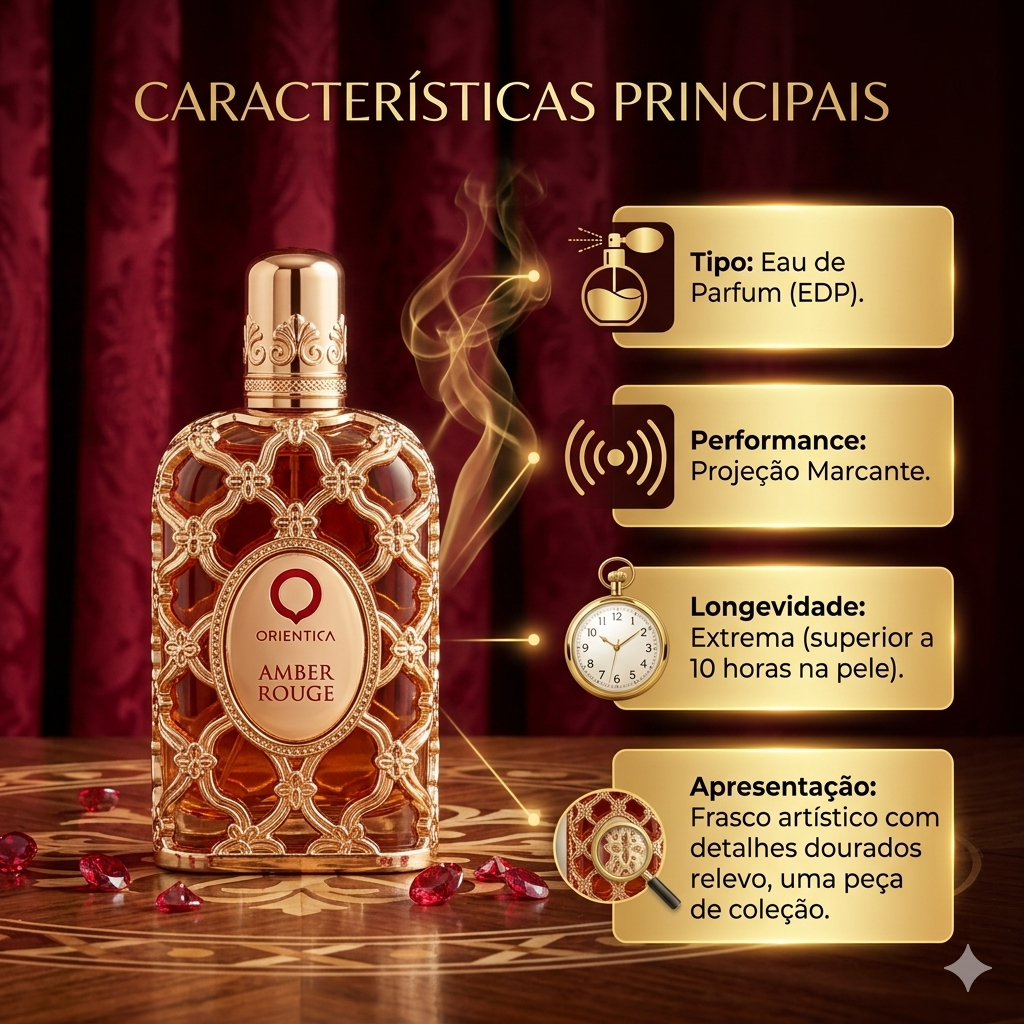 Frasco de perfume Amber Rouge Eau de Parfum Luxury da Orientica, embalagem elegante e design sofisticado.