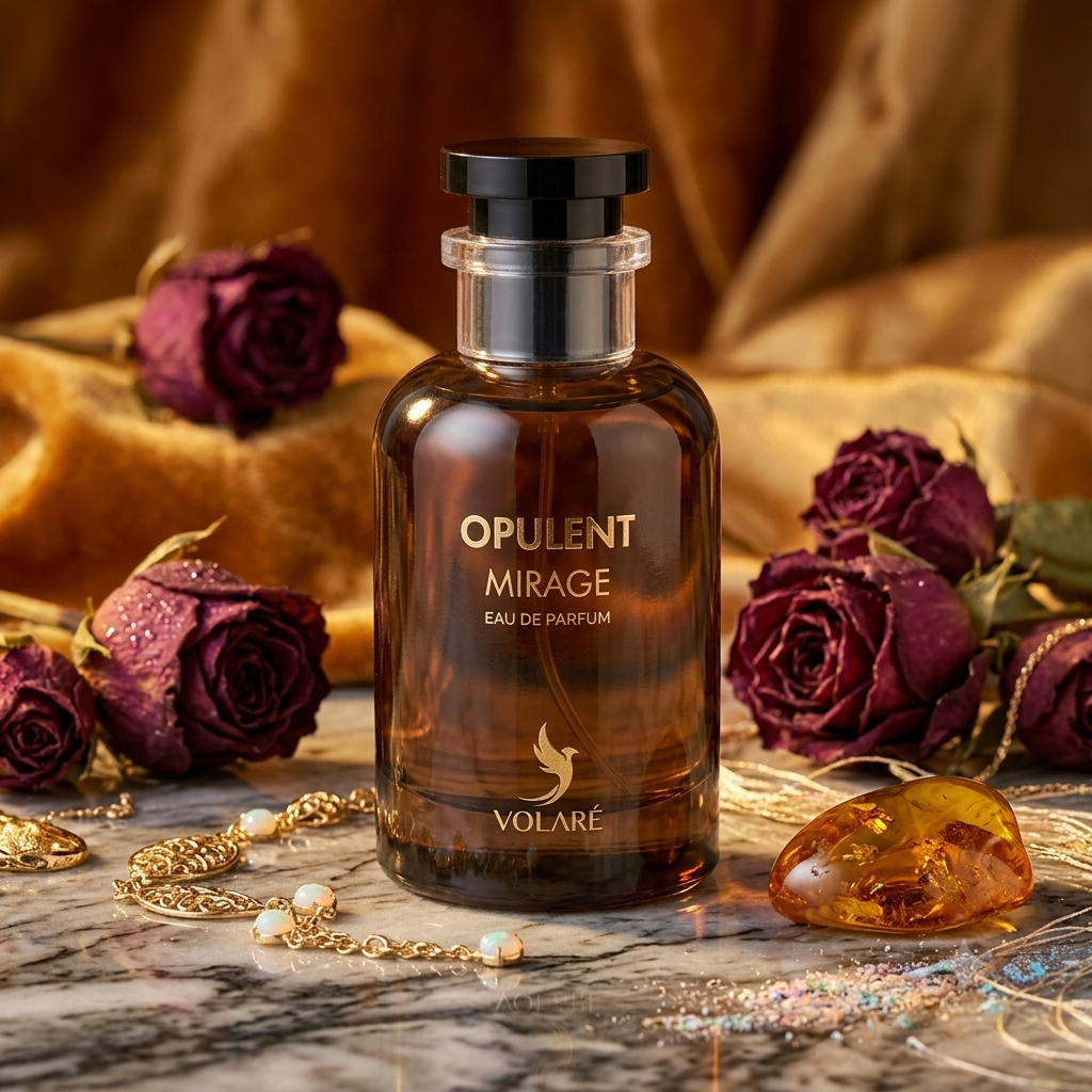 Frasco de perfume Opulent Mirage Eau de Parfum Volaré da Luxos do Oriente, com design elegante e detalhes dourados