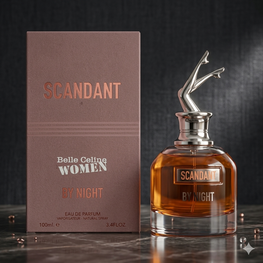 Fragrância Luxos do Oriente Scandant By Night Eau de Parfum, embalagem original, destaque para o frasco elegante e design sofisticado