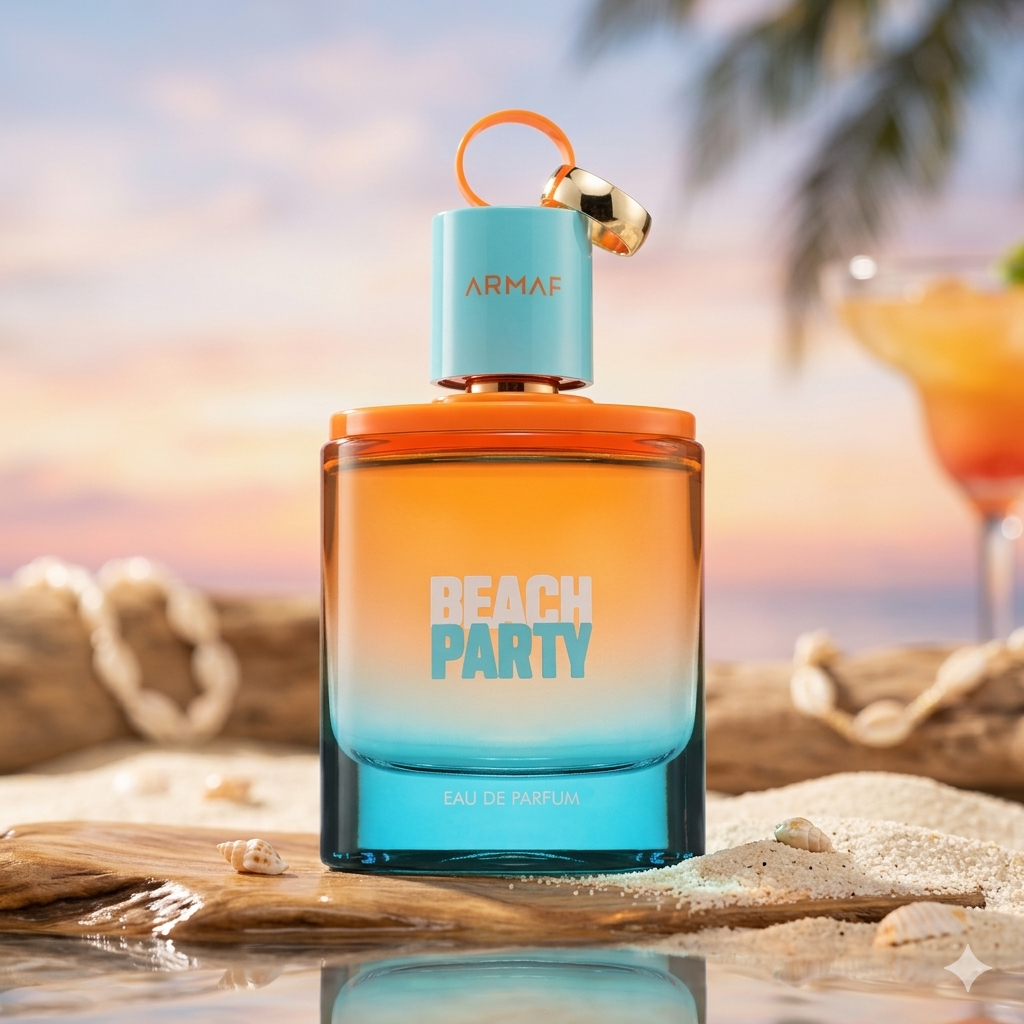 Frasco de perfume Eau de Parfum Beach Party da Armaf Original, com design vibrante e elementos que remetem à festa na praia