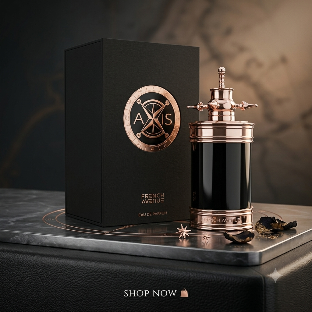 Eau de Parfum Axis French Avenue da Luxos do Oriente, frasco com design elegante e detalhes dourados.