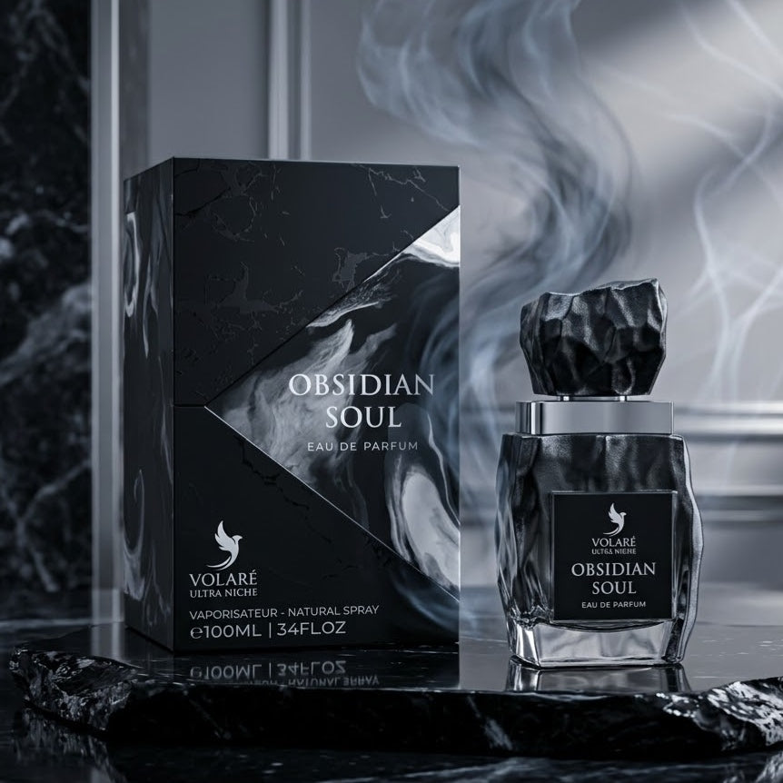 Perfume Eau de Parfum Ultra Niche Obsidian Soul da Luxos do Oriente, frasco com design elegante e detalhes escuros.