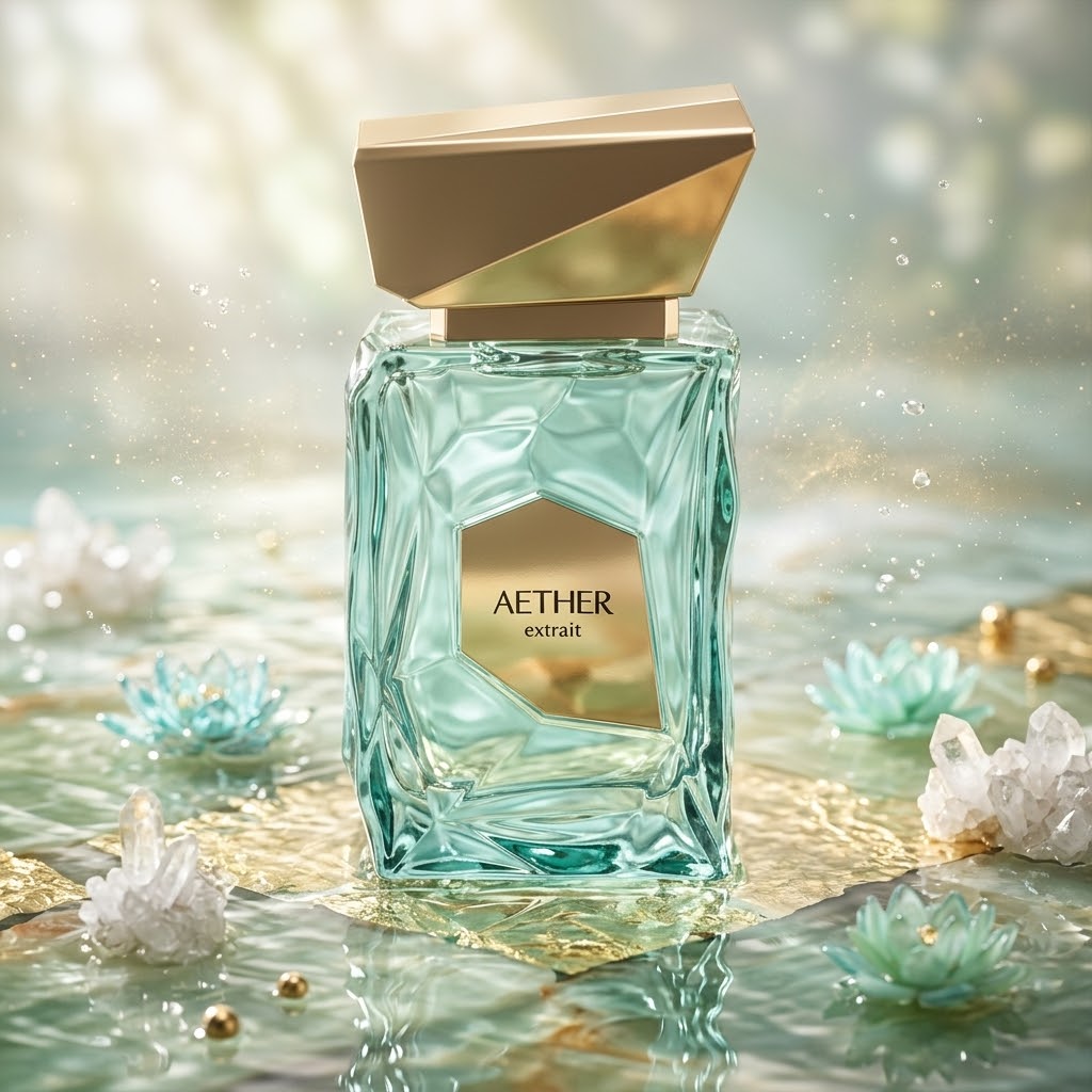 Frasco de perfume Aether Luxos do Oriente, Extrait de Parfum French Avenue, com rótulo elegante e tampa dourada.