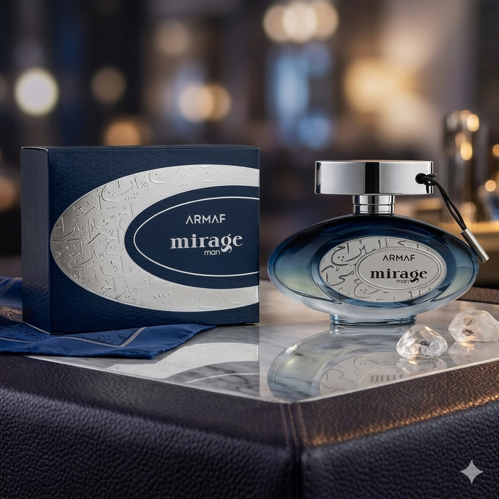 Frasco de perfume Eau de Parfum Mirage Man da Armaf, com design elegante e detalhes sofisticados em vidro transparente.