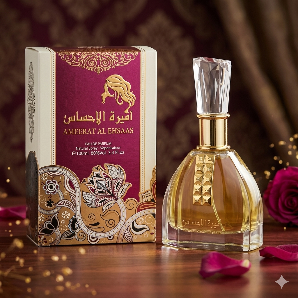 Eau de Parfum Ameerat Al Ehsaas da Luxos do Oriente, frasco de perfume original Ard Al Zaafran, com detalhes elegantes.