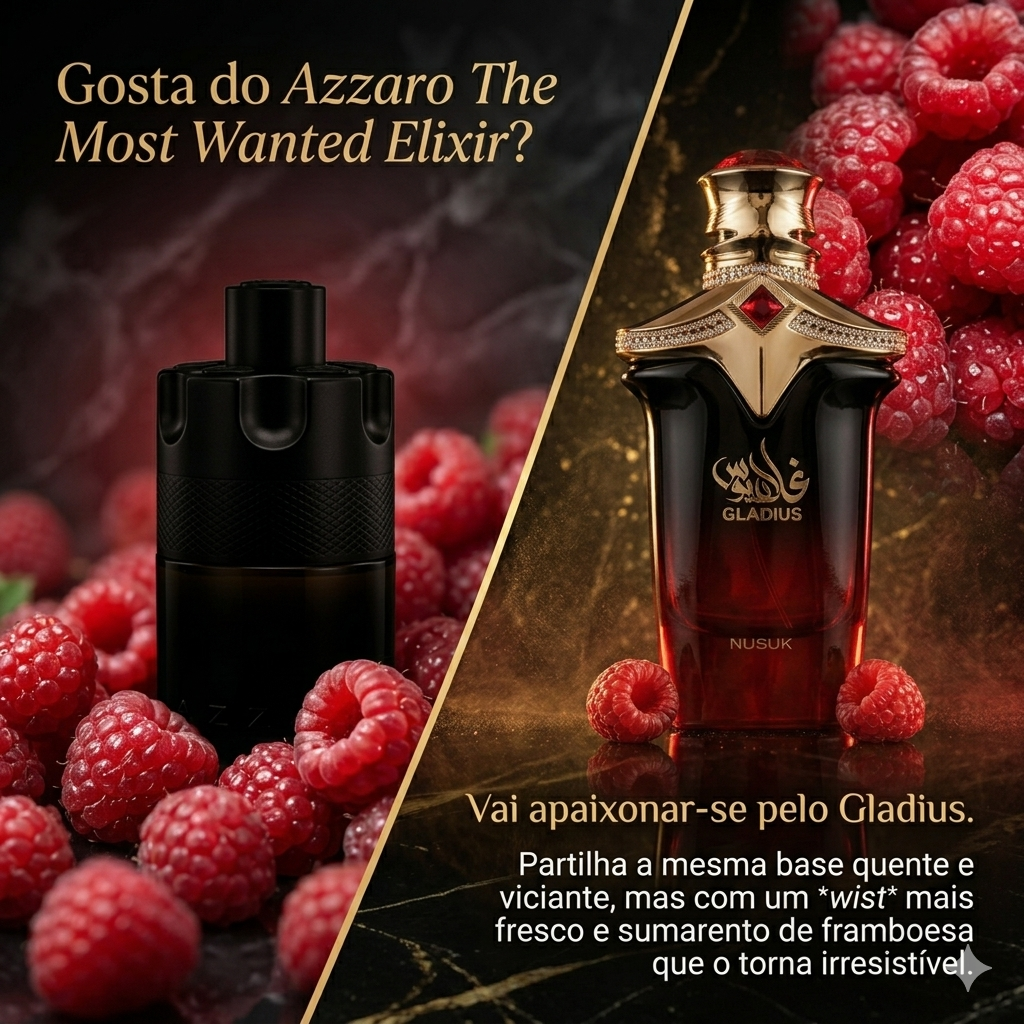 Frasco de perfume Gladius da Luxos do Oriente, Extrait de Parfum Nusuk Original, com design elegante e rótulo na embalagem