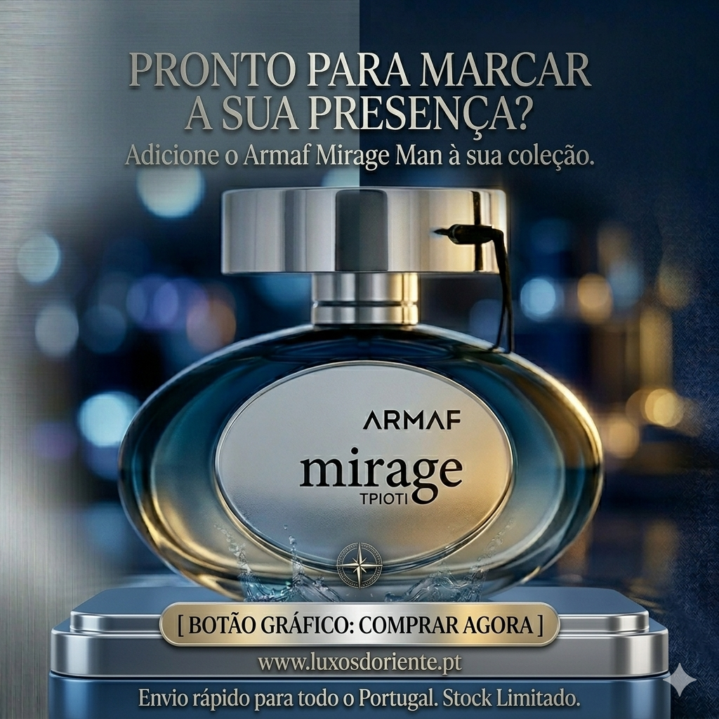 Frasco de Eau de Parfum Mirage Man da Armaf Original, com design elegante e detalhes sofisticados, sobre fundo neutro.