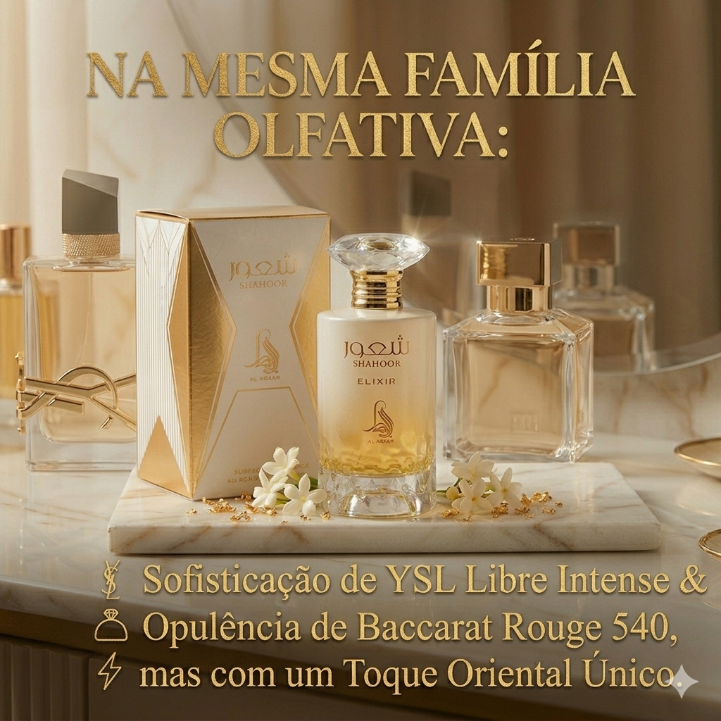 Frasco de perfume Shahoor Elixir da Luxos do Oriente, Eau de Parfum, com design elegante e detalhes dourados.