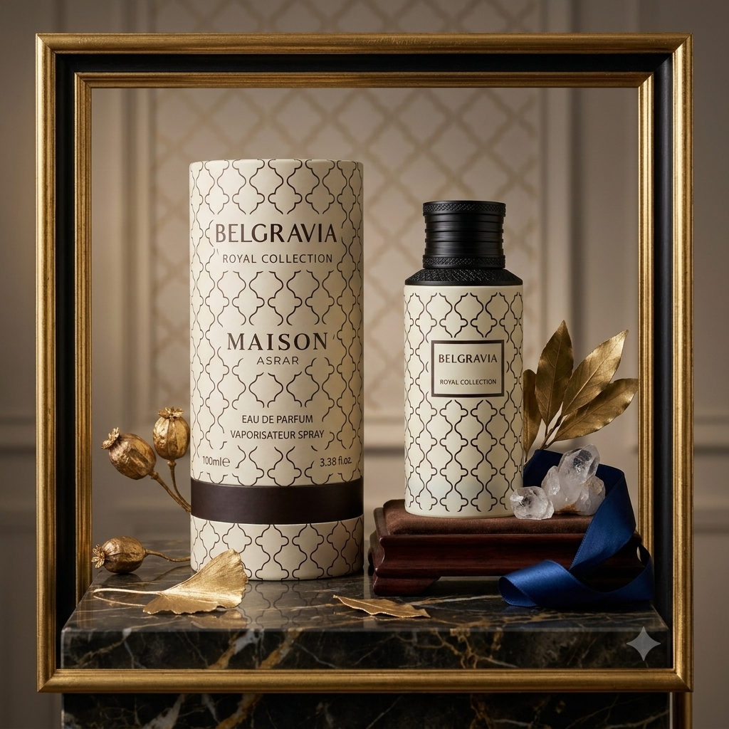 Perfume Eau de Parfum Belgravia da Maison Asrar, frasco elegante com detalhes dourados e rótulo, sobre fundo neutro.