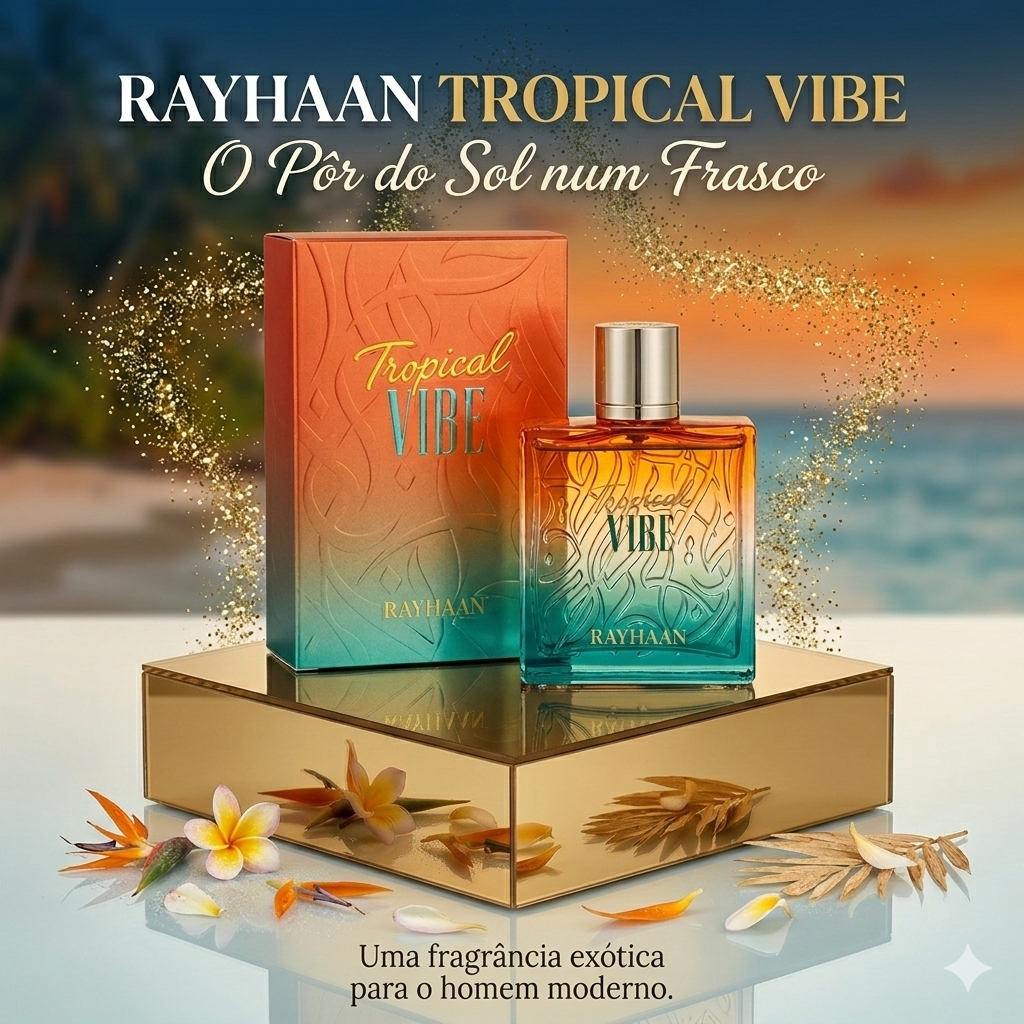 Frasco de Eau de Parfum Rayhaan Tropical Vibe da Luxos do Oriente, com design elegante e fragrância exótica de inspiração tropical