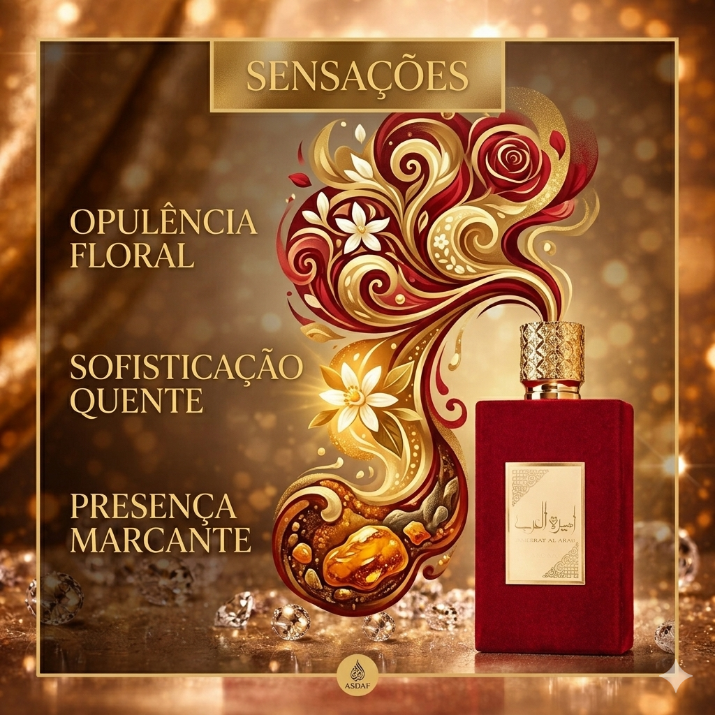 Frasco de 100ml de Ameerat Al Arab Asdaf Lattafa, perfume Oud de Ouro com design elegante e frasco transparente.