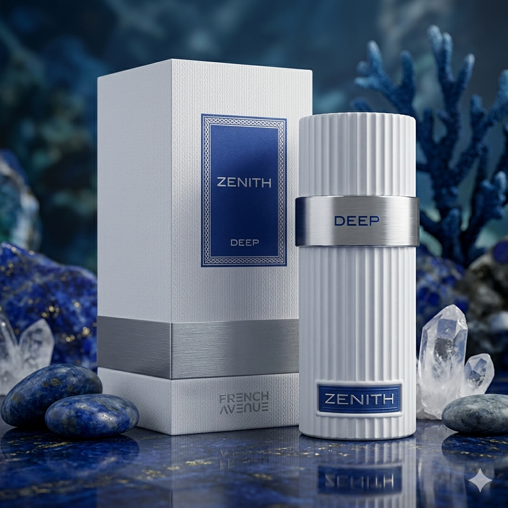 Frasco de perfume Zenith Deep Eau de Parfum da Luxos do Oriente, com embalagem elegante e detalhes dourados.