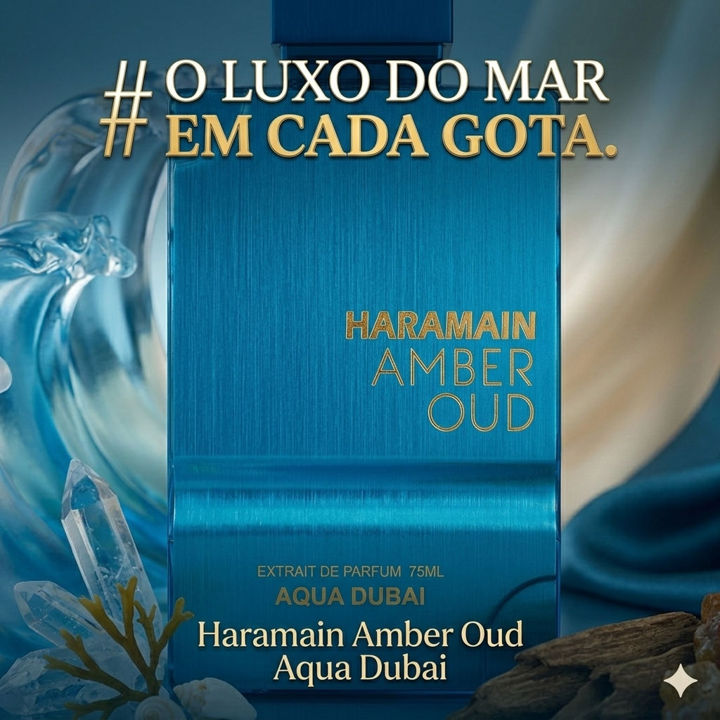 Frasco de perfume Haramain Amber Oud Aqua Dubai da Al Haramain, com frasco de vidro e rótulo elegante, exala luxo e sofisticação.