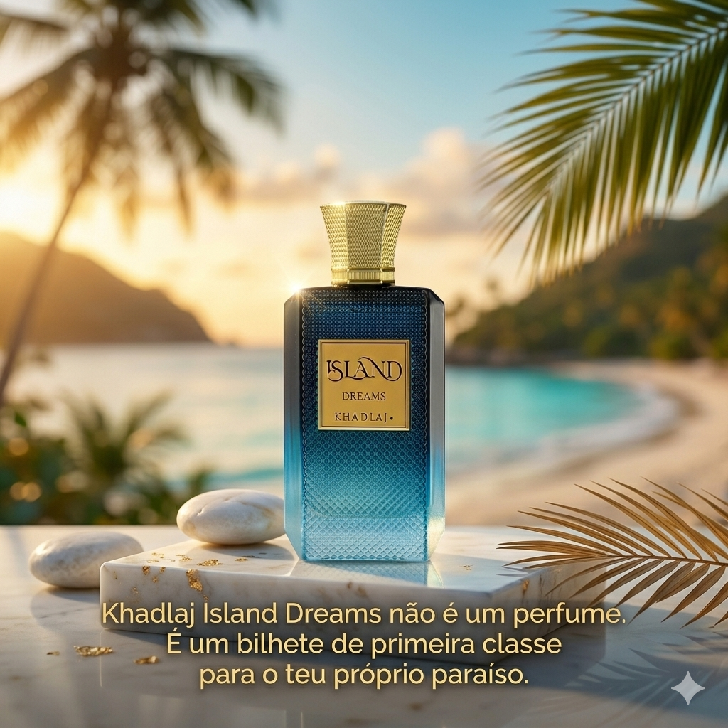 Frasco de perfume Island Dreams Extrait de Parfum da Khadlaj, fragrância luxuosa da marca Luxos do Oriente, com detalhes elegantes.