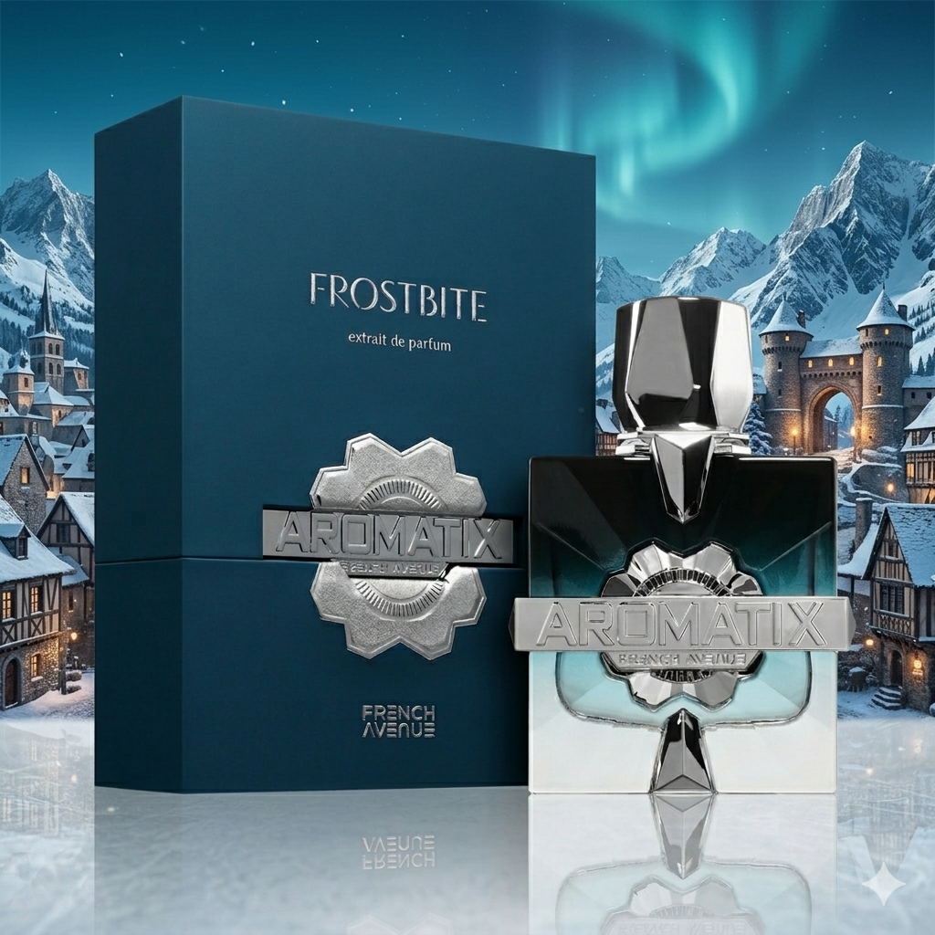 Frasco de Aromatix Frostbite, extrait de parfum Luxos do Oriente, com design elegante e rótulo visível, sobre fundo neutro.