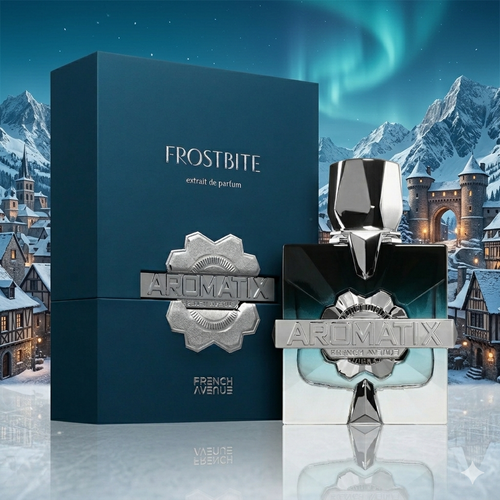 Frasco de Aromatix Frostbite, extrait de parfum Luxos do Oriente, com design elegante e rótulo visível, sobre fundo neutro.