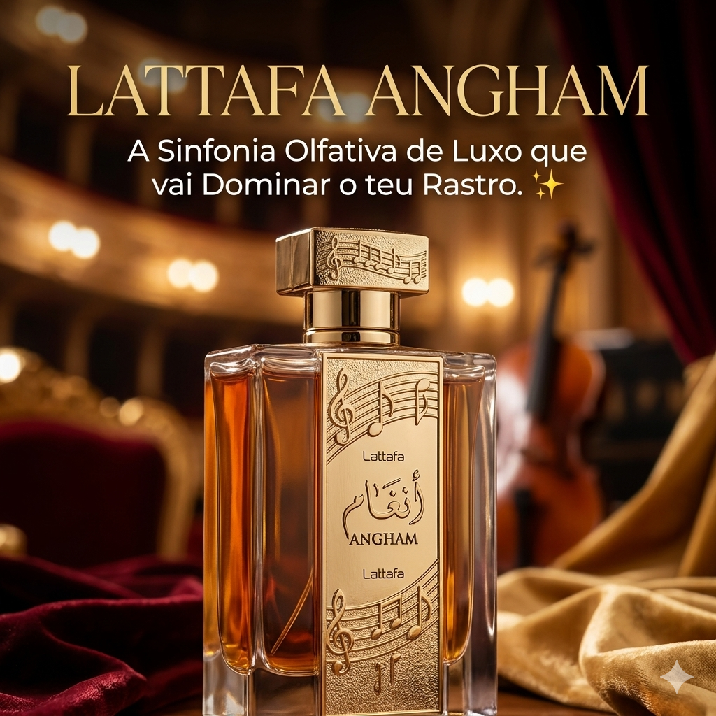 Frasco de perfume Angham Eau de Parfum da Lattafa, com design elegante e detalhes dourados, para mulher, na imagem.