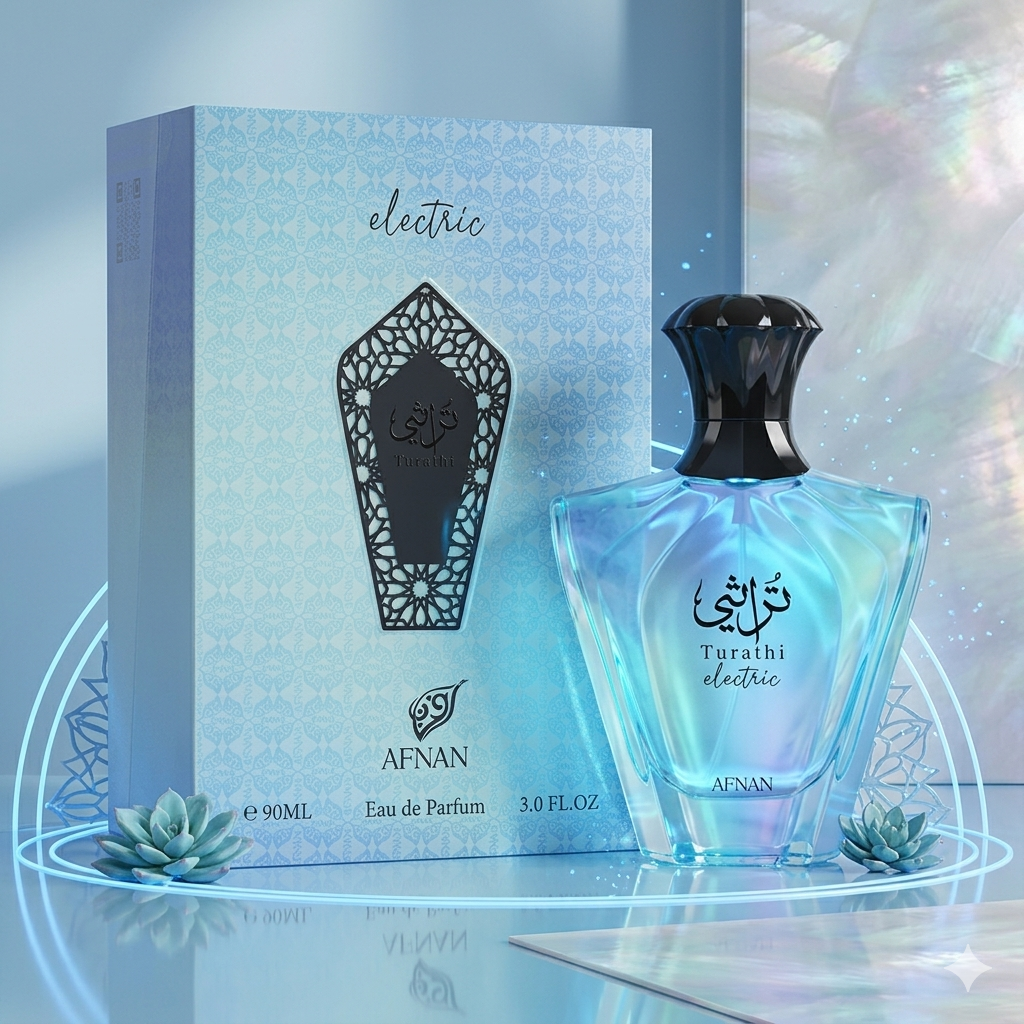 Frasco de Eau de Parfum Turathi Electric Afnan Original com detalhes dourados e design elegante sobre fundo neutro.