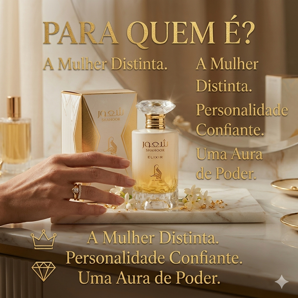 Frasco de Eau de Parfum Shahoor Elixir da Fragrance World por Luxos do Oriente, elegante embalagem de perfume original.
