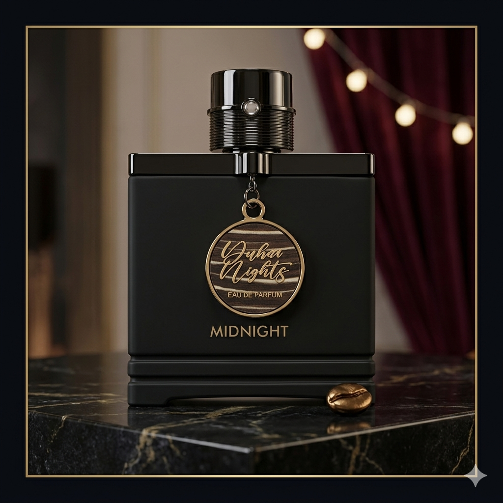 Frasco de Eau de Parfum Dubai Nights Midnight da Armaf, com design elegante e detalhes dourados, sobre fundo escuro.