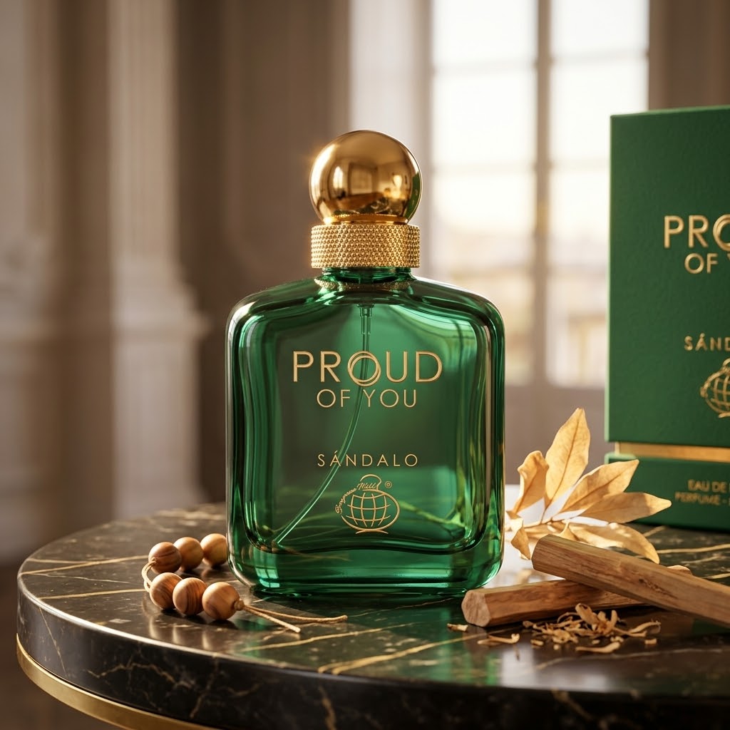 Fragrância Proud of You Sândalo da Luxos do Oriente, Eau de Parfum, embalagem com frasco de perfume e detalhes dourados.