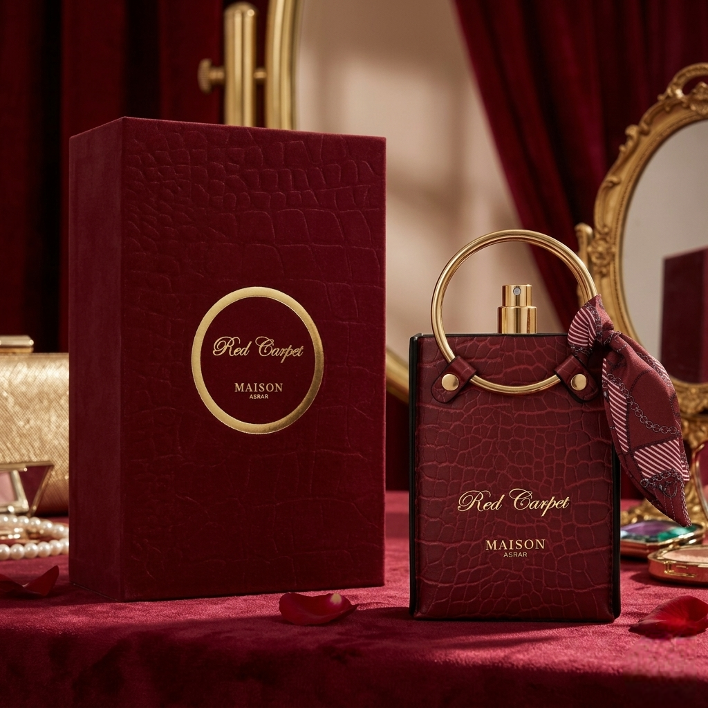 Perfume Eau de Parfum Red Carpet da Maison Asrar, frasco elegante com detalhes dourados e rótulo vermelho vibrante.