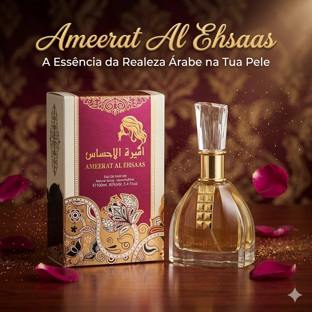 Frasco de perfume Ameerat Al Ehsaas Eau de Parfum da marca Ard Al Zaafran, embalagem elegante e design sofisticado.