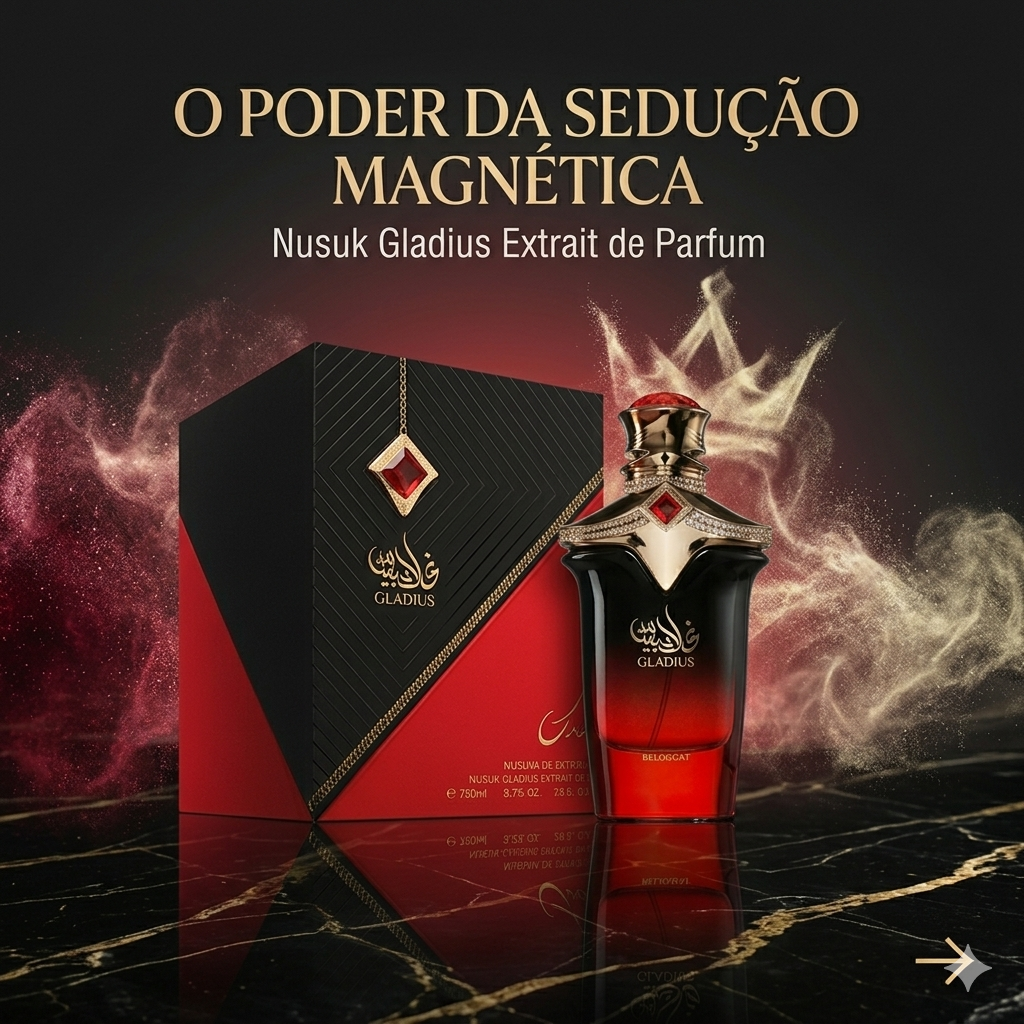 Frasco de perfume Gladius - Extrait de Parfum da Luxos do Oriente, com design elegante e detalhes dourados.