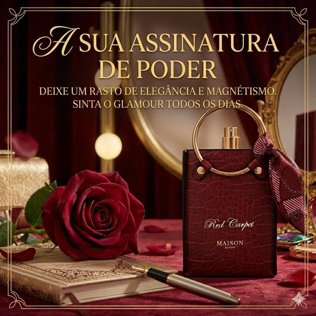 Perfume Eau de Parfum Red Carpet da Maison Asrar, embalagem elegante e fragrância marcante, apresentado por Luxos do Oriente.