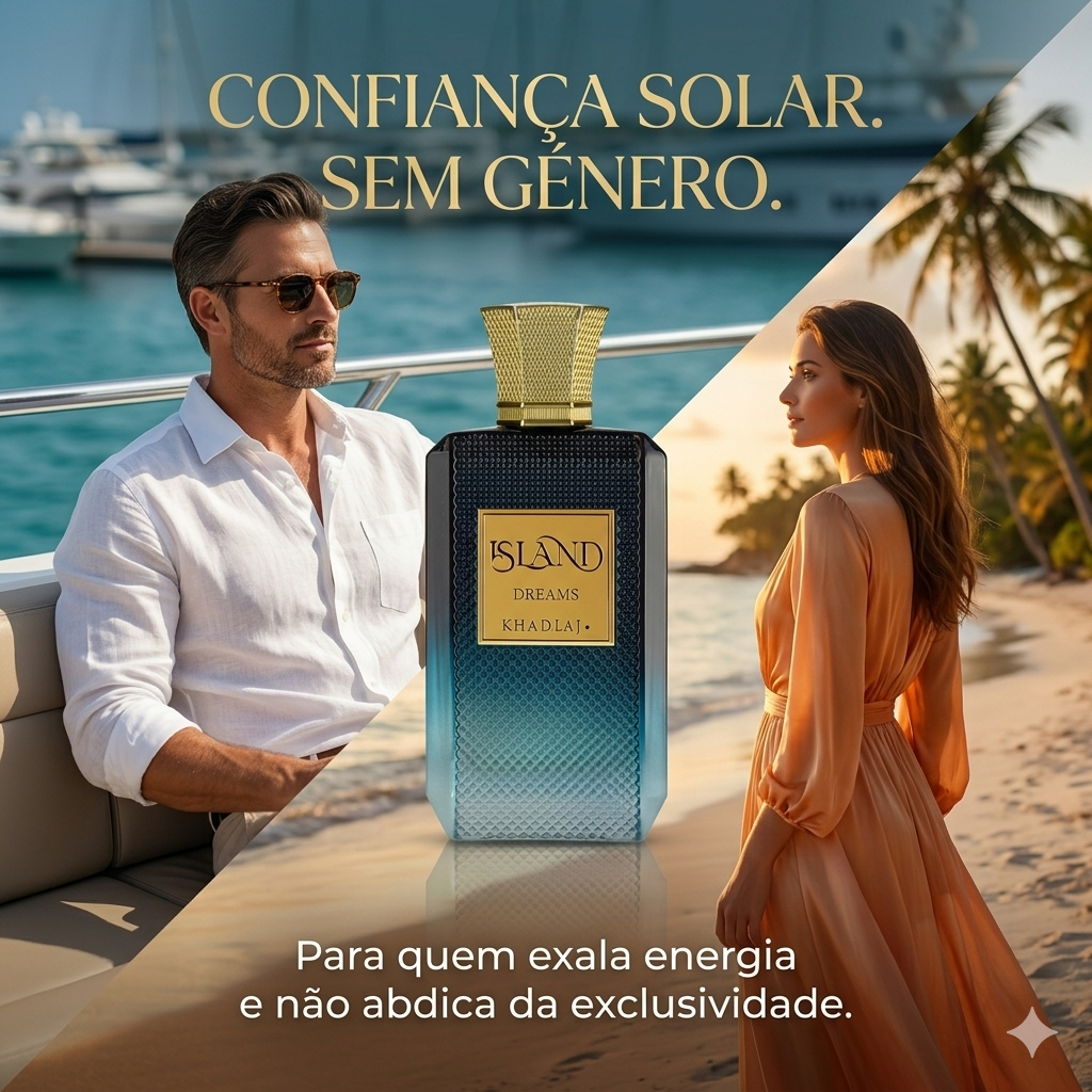 Frasco de perfume Island Dreams da Khadlaj, extrato de parfum da marca Luxos do Oriente, com design elegante e tampa dourada