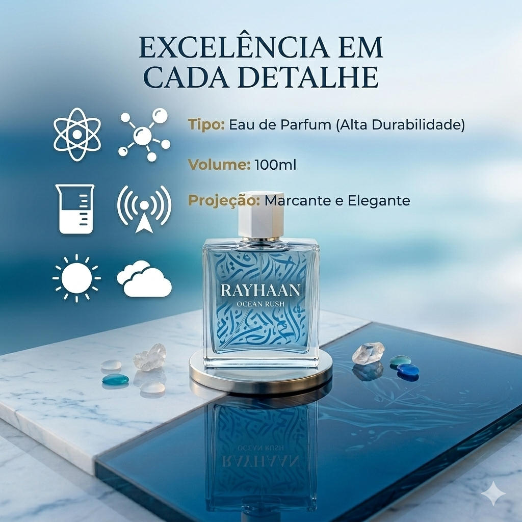 Rayhaan Ocean Rush Eau de Parfum by Luxos do Oriente in an elegant bottle with ocean-themed design.