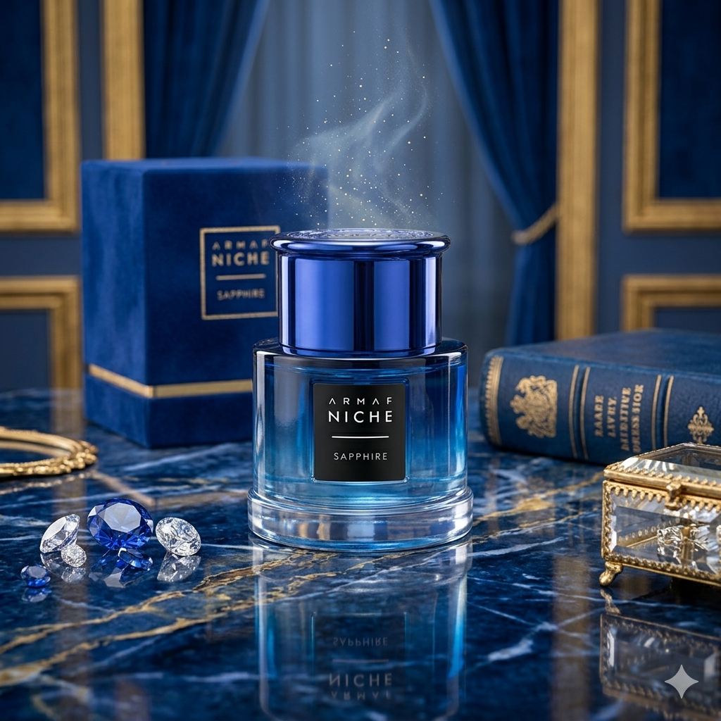 Frasco de perfume Niche Sapphire Eau de Parfum da Armaf, com design elegante e detalhes dourados, sobre fundo neutro.