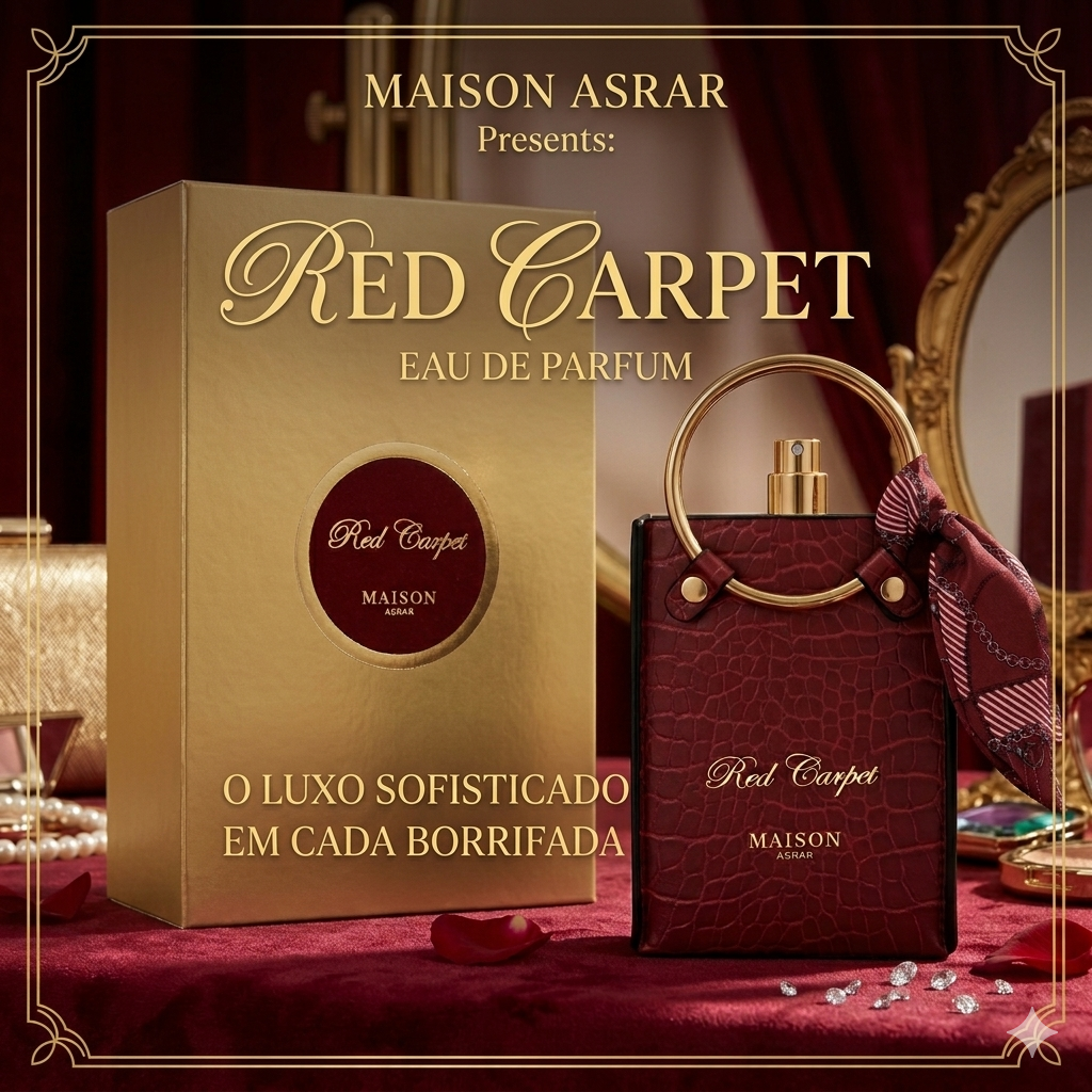 Perfume Eau de Parfum Red Carpet Maison Asrar, embalagem elegante, com frasco de vidro e detalhes vermelhos vibrantes.