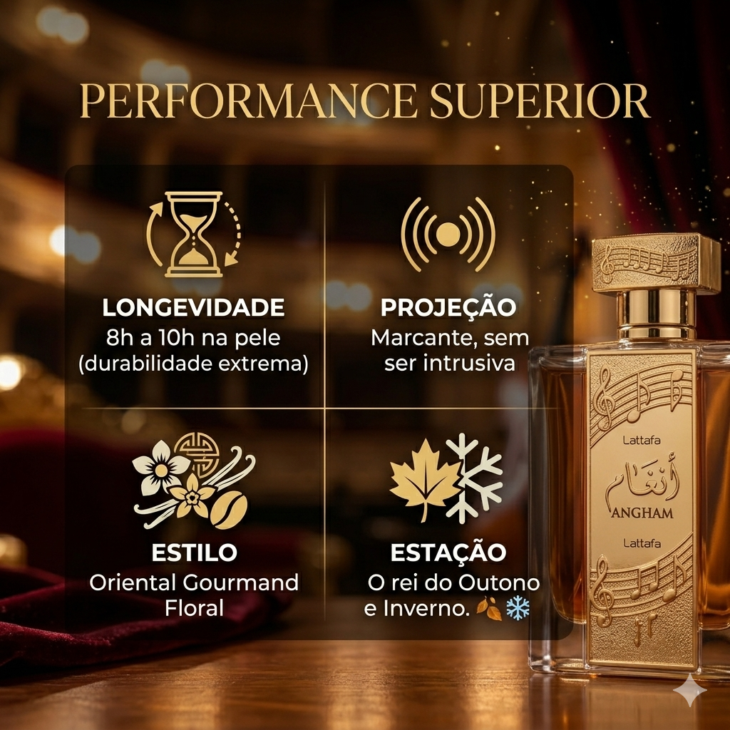 Perfume Angham Eau de Parfum Lattafa original, frasco elegante com detalhes dourados e aroma floral e amadeirado.