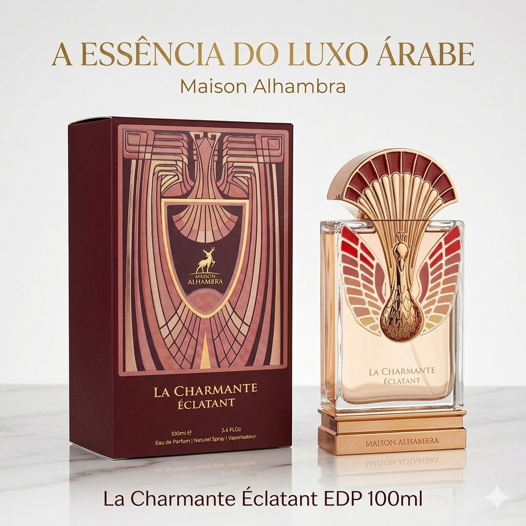 Frasco de perfume La Charmante Éclatant da Maison Alhambra, com design elegante e detalhes dourados.