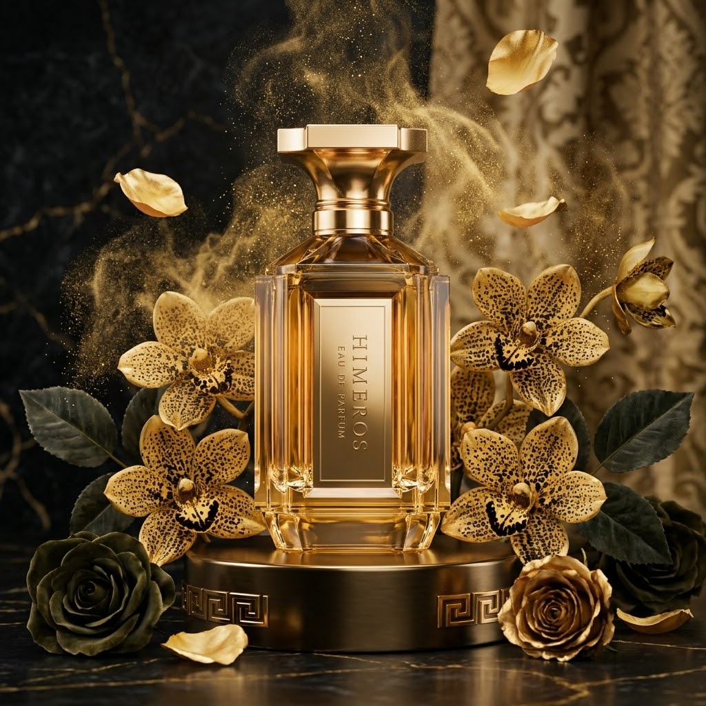Himeros Eau de Parfum Velixir da Luxos do Oriente, frasco elegante com detalhes dourados e líquido âmbar, perfume sofisticado.