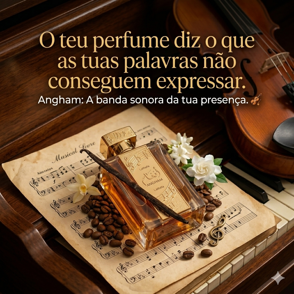 Frasco de perfume Angham Eau de Parfum Lattafa Original, embalagem elegante com detalhes dourados e etiqueta da marca Luxos do Oriente