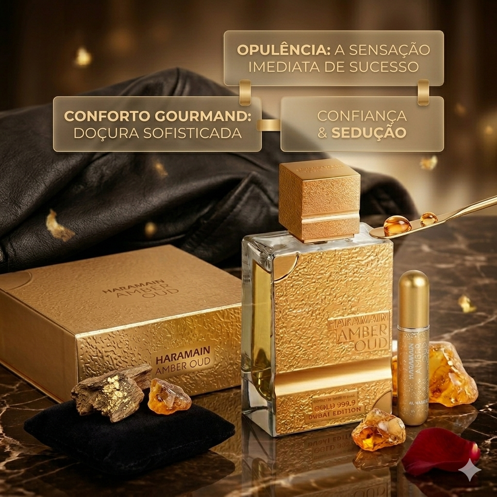 Frasco de parfum Al Haramain Amber Oud Gold 999.9 Dubai Edition, extracto de perfume dourado com embalagem elegante.