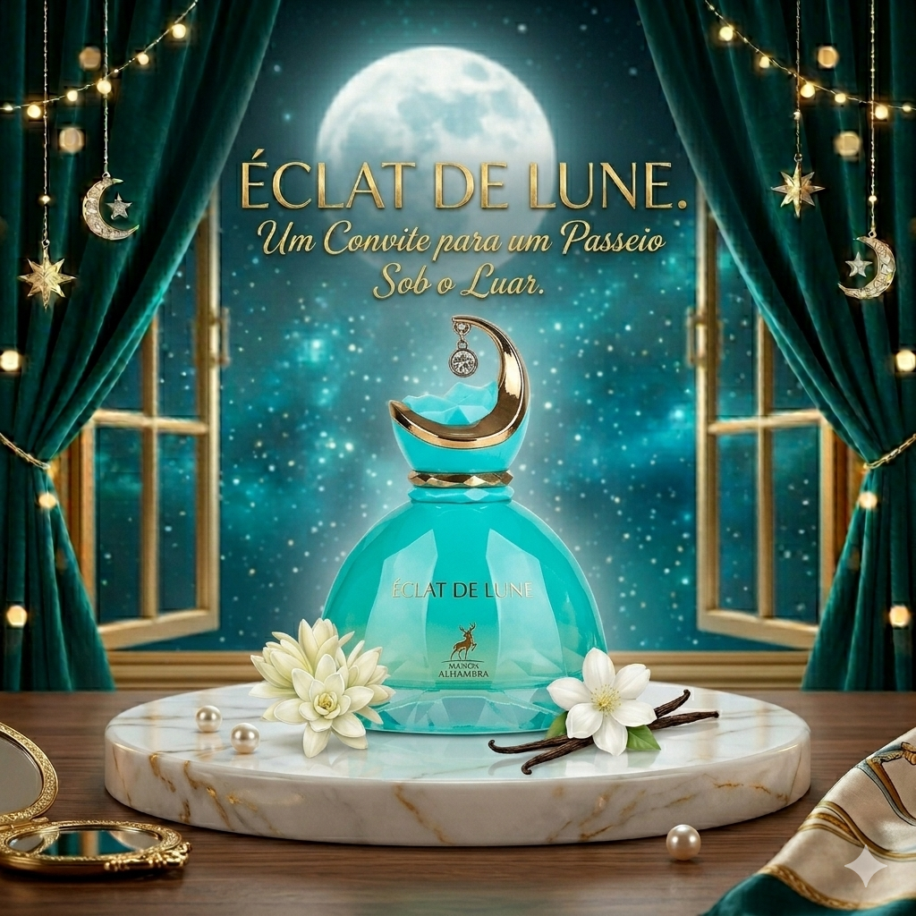 Frasco de perfume Éclat de Lune da Maison Alhambra, com design elegante e rótulo visível, da coleção Luxos do Oriente.
