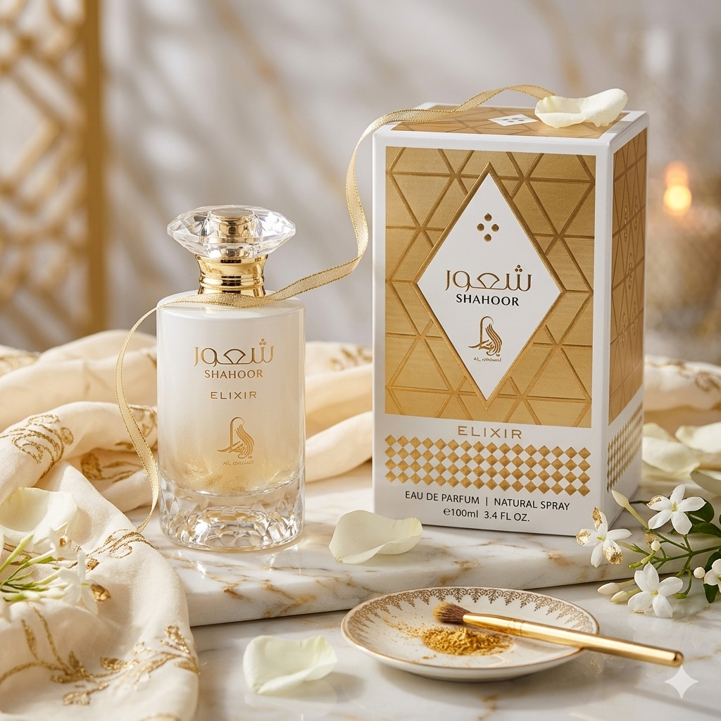 Frasco de perfume Shahoor Elixir da Fragrance World Original, fragrância luxuosa da Luxos do Oriente, com design elegante.