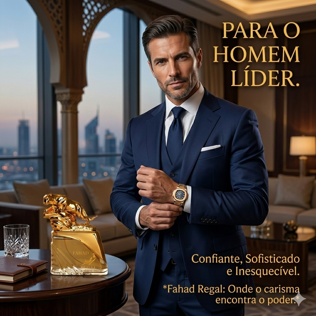 Fahad Regal Eau de Parfum Arabiyat Prestige da Luxos do Oriente, frasco elegante com detalhes dourados e design sofisticado