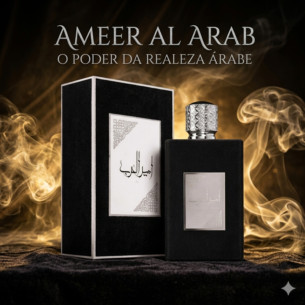 Frasco de perfume Oud de Ouro Ameer Al Arab Lattafa Original com design elegante e líquido âmbar na embalagem.