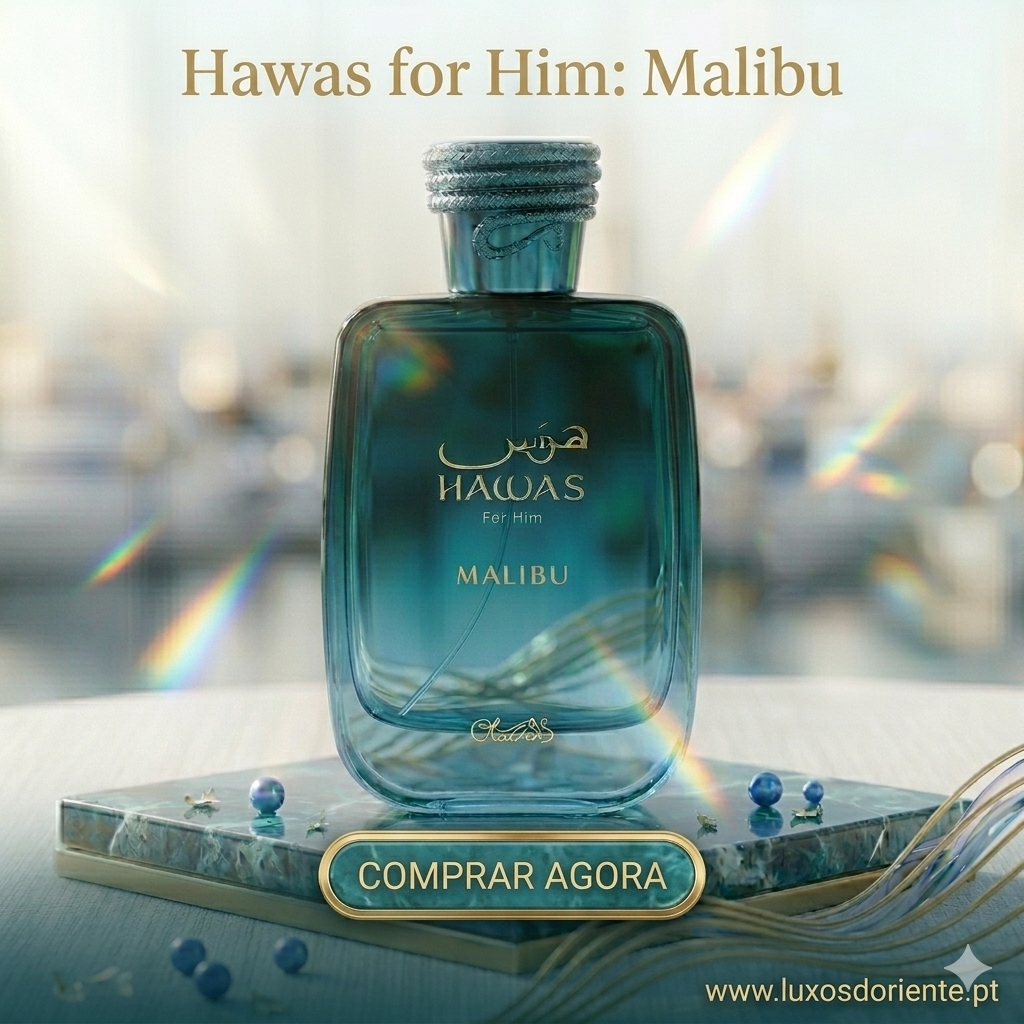 Frasco de Eau de Parfum Hawas Malibu da Rasasi, com design elegante e detalhes dourados, sobre fundo neutro.